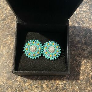 Handmade Turquoise Beaded Flower Stud Earrings